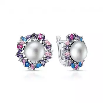Серебряные серьги с жемчугом природным, фианитами, корундом синтетическим и алпанитом
