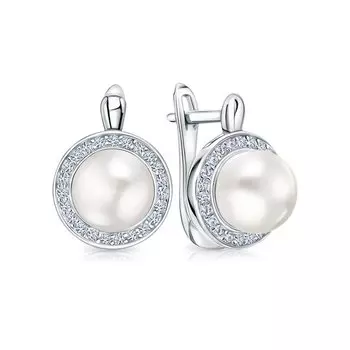 Серебряные серьги с жемчугом природным и фианитами