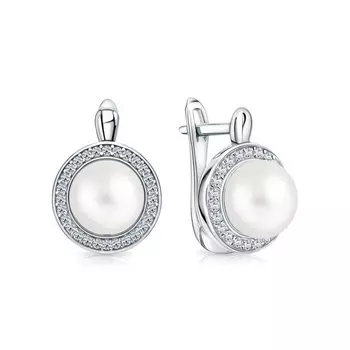 Серебряные серьги с жемчугом природным и фианитами