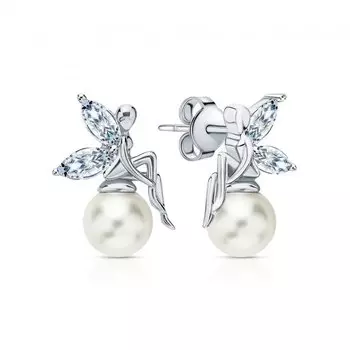 Серебряные серьги с жемчугом синтетическим и фианитами