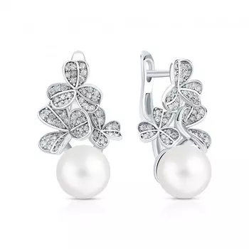 Серебряные серьги с жемчугом синтетическим и фианитами