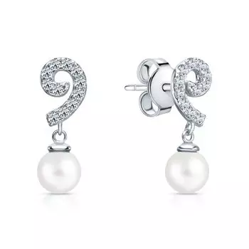 Серебряные серьги с жемчугом синтетическим и фианитами
