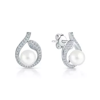 Серебряные серьги с жемчугом синтетическим и фианитами