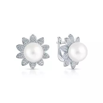 Серебряные серьги с жемчугом синтетическим и фианитами