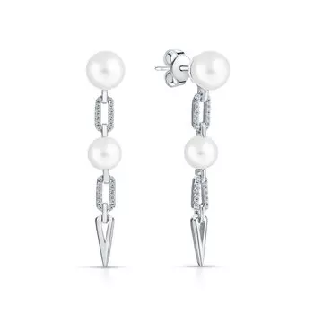 Серебряные серьги с жемчугом синтетическим и фианитами