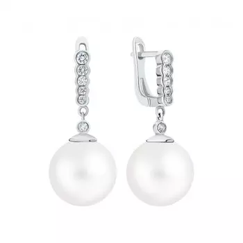 Серебряные серьги с жемчугом синтетическим и фианитами