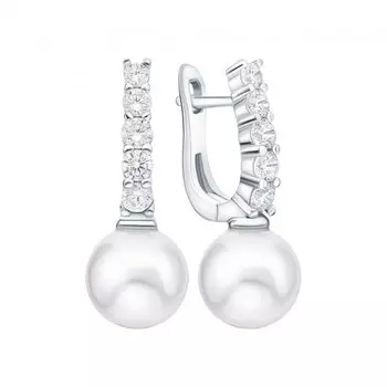 Серебряные серьги с жемчугом синтетическим и фианитами
