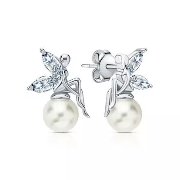 Серебряные серьги с жемчугом синтетическим и фианитами