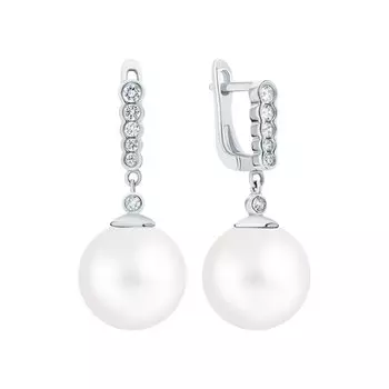 Серебряные серьги с жемчугом синтетическим и фианитами