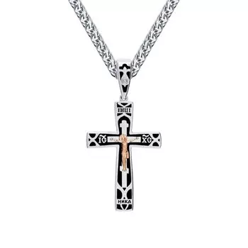 Серебряный крест-подвеска с бриллиантами природными, эмалью и золотой вставкой