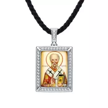 Текстильное шейное украшение с финифтью и серебряной вставкой "Николай Чудотворец"