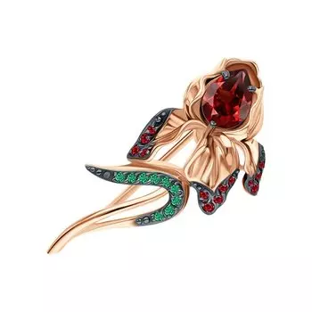Золотая брошь с эмалью, гранатами природными и хромдиопсидами природными