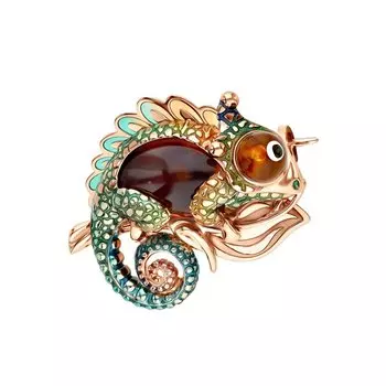 Золотая брошь с эмалью и янтарями природными