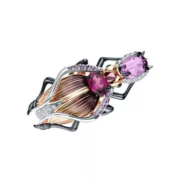 Золотая брошь с эмалью, родолит, топазами природными, аметистами природными и родолит природными