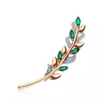 Золотая брошь с бриллиантами природными и изумрудами выращенными