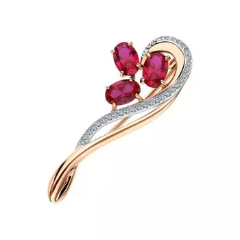 Золотая брошь с бриллиантами природными и рубинами выращенными