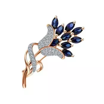 Золотая брошь с бриллиантами природными и сапфирами выращенными