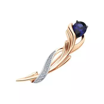 Золотая брошь с бриллиантами природными и сапфирами выращенными