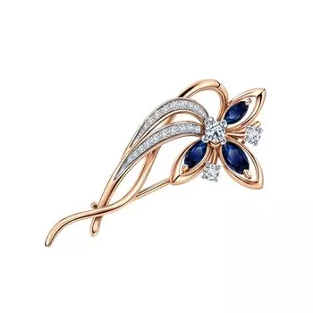 Золотая брошь с бриллиантами природными, топазами природными и сапфирами природными