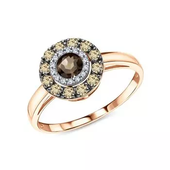Золотое кольцо с бриллиантами коньячными природными и кварцами дымчатыми природными
