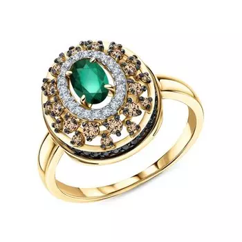 Золотое кольцо с бриллиантами коньячными природными и изумрудами природными