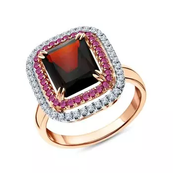 Золотое кольцо с бриллиантами природными, гранатами природными и рубинами выращенными
