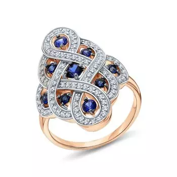 Золотое кольцо с бриллиантами природными и сапфирами выращенными