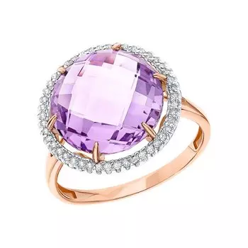 Золотое кольцо с бриллиантами природными и аметистами природными