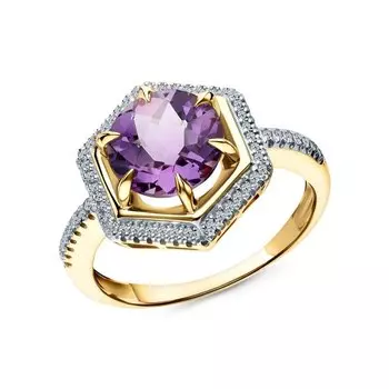 Золотое кольцо с бриллиантами природными и аметистами природными