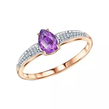 Золотое кольцо с бриллиантами природными и аметистами природными