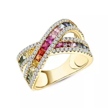 Золотое кольцо с бриллиантами природными и сапфирами природными