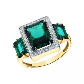 Золотое кольцо с бриллиантами природными и изумрудами выращенными