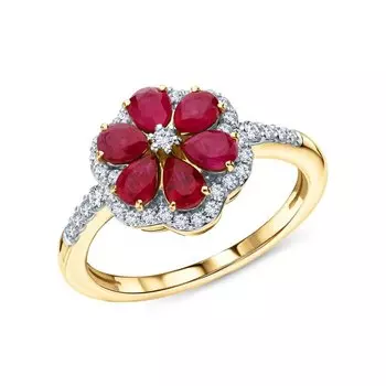 Золотое кольцо с бриллиантами природными и рубинами природными