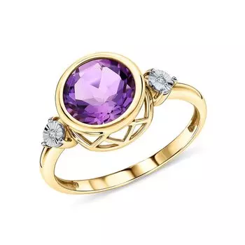 Золотое кольцо с бриллиантами природными и аметистами природными
