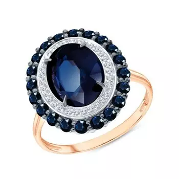 Золотое кольцо с бриллиантами природными и сапфирами выращенными