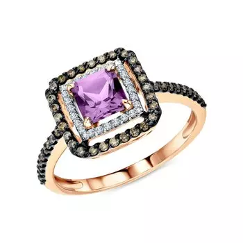 Золотое кольцо с бриллиантами природными и аметистами природными