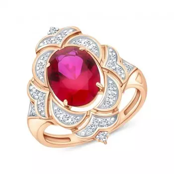 Золотое кольцо с бриллиантами природными и рубинами выращенными