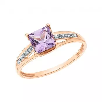 Золотое кольцо с бриллиантами природными и аметистами природными