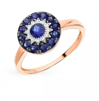 Золотое кольцо с бриллиантами природными и сапфирами природными