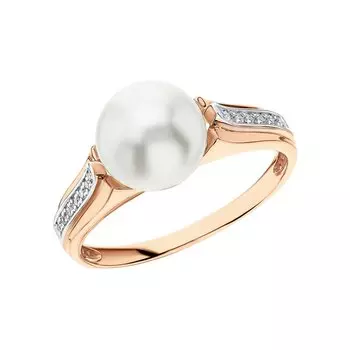 Золотое кольцо с бриллиантами природными и жемчугом природным культивированным