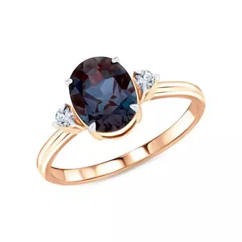 Золотое кольцо с бриллиантами природными и александритом выращенным