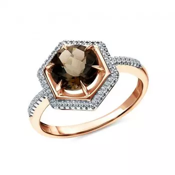 Золотое кольцо с бриллиантами природными и кварцами дымчатыми природными