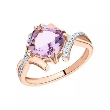 Золотое кольцо с бриллиантами природными и аметистами природными