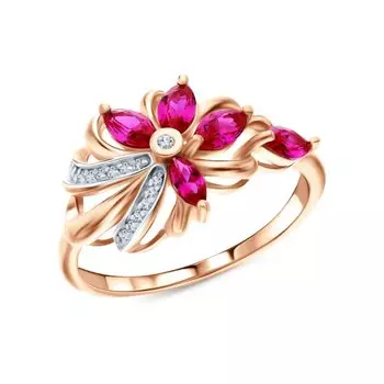 Золотое кольцо с бриллиантами природными и рубинами выращенными