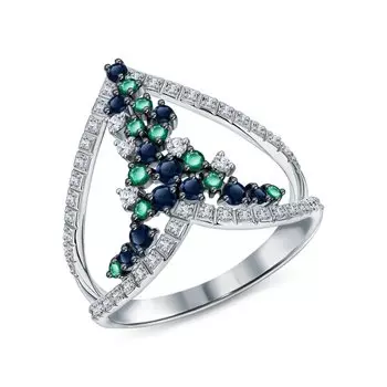 Золотое кольцо с бриллиантами природными, изумрудами природными и сапфирами природными