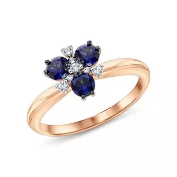 Золотое кольцо с бриллиантами природными, сапфирами выращенными и сапфирами природными