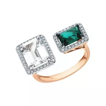 Золотое кольцо с бриллиантами природными, топазами природными и изумрудами выращенными