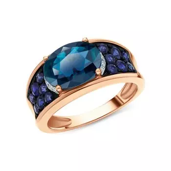 Золотое кольцо с бриллиантами природными, топазами природными и сапфирами природными