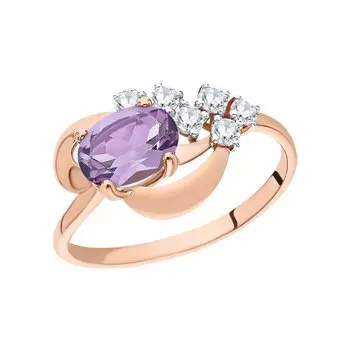Золотое кольцо с фианитами и аметистами природными