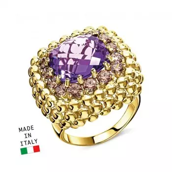 Золотое кольцо с фианитами и аметистом синтетическим